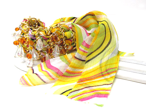 Multi crystal glass and teardrop glass on metal fashion fabric print patern lines wrap scarf bracelet