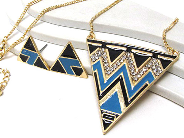 Crystal metal fashion triangle zigzag patern drop chain necklace earring set