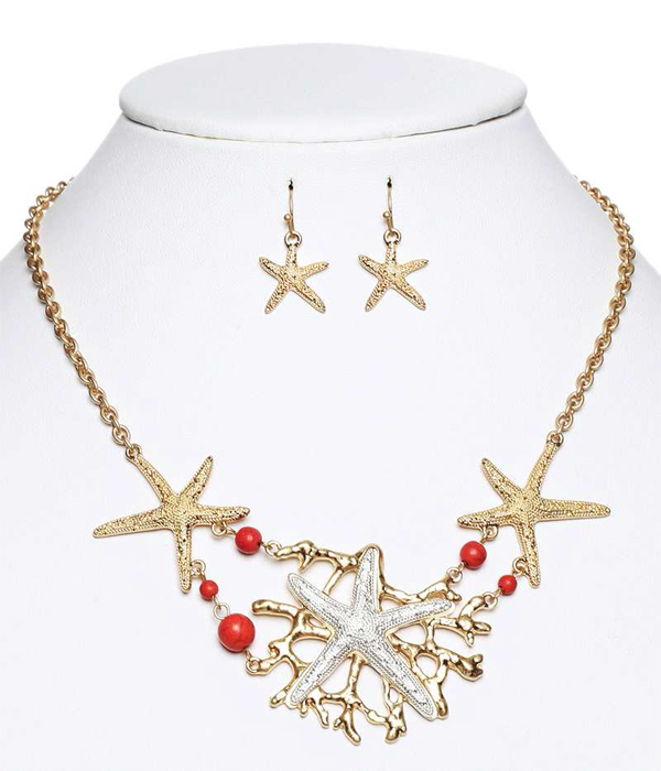 Multi starfish link necklace earring set