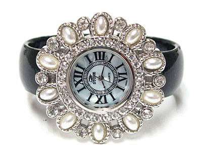 Pearl and crystal flower style cuff bangle watch