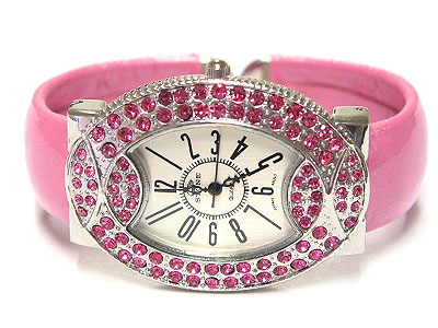 Double crystal fram oval shape face cuff bangle watch