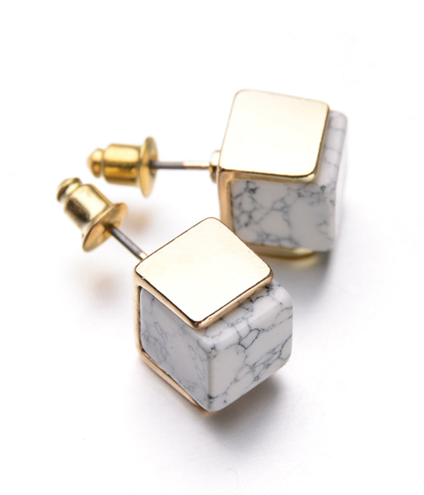 Geometric marble square stone stud earring