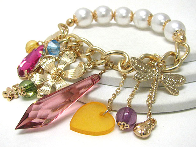 Crystal stud flower and dragonfly charm and mixed stone dangle pearl stretch bracelet