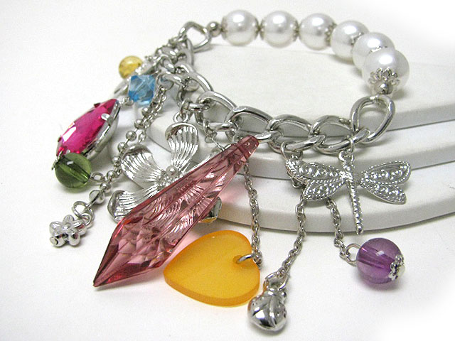 Crystal stud flower and dragonfly charm and mixed stone dangle pearl stretch bracelet