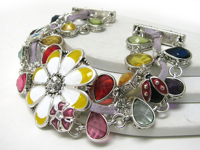 Crystal and epoxy flower and facet acryl tear drop deco magnetic clast bracelet