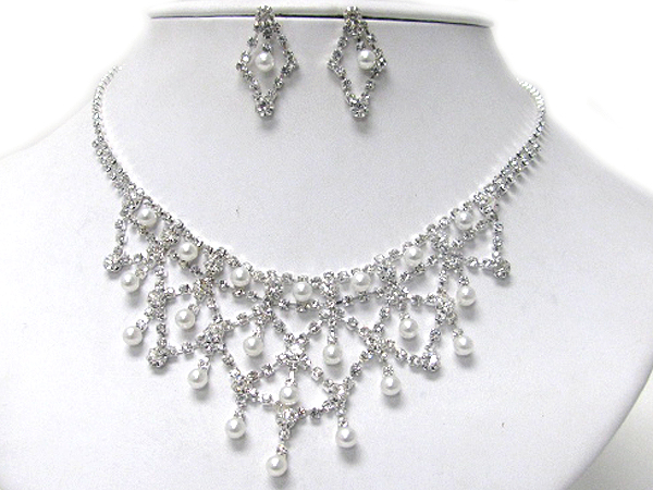 Pearl and rhinestone mix net necklace earring set