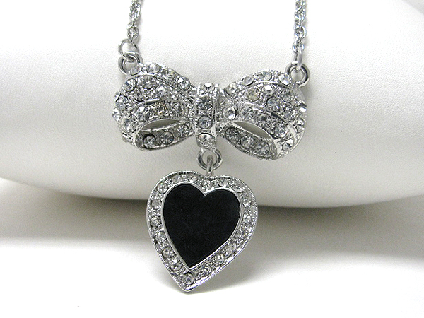 Crystal stud ribbon and onyx heart drop necklace