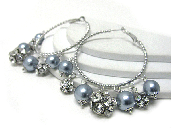 Multi crystal ball and pearl drop hoop earring - hoops