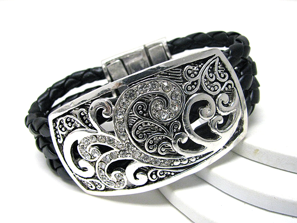 Crystal deco large metal art face and synthtic leather chain magnet clip bracelet