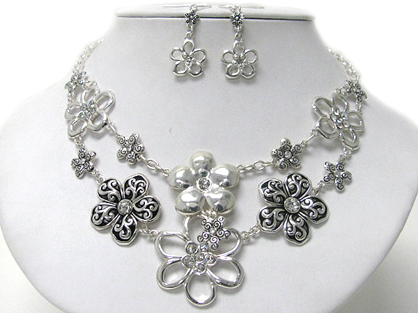 Crystal center multi metal flower link two layer necklace earring set