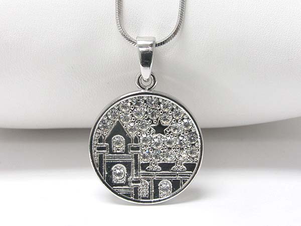 Made in korea whitegold plating crystal stud star and castle round pendant necklace