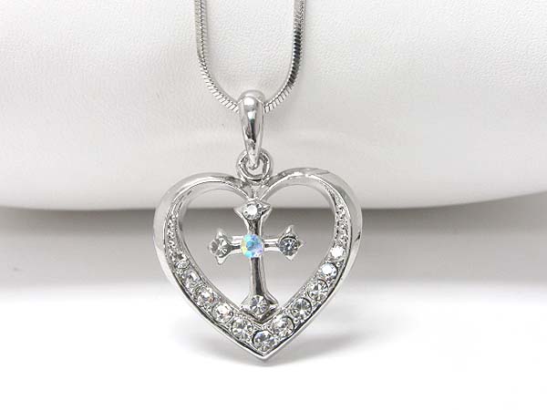 Made in korea whitegold plating crystal stud cross in heart pendant necklace