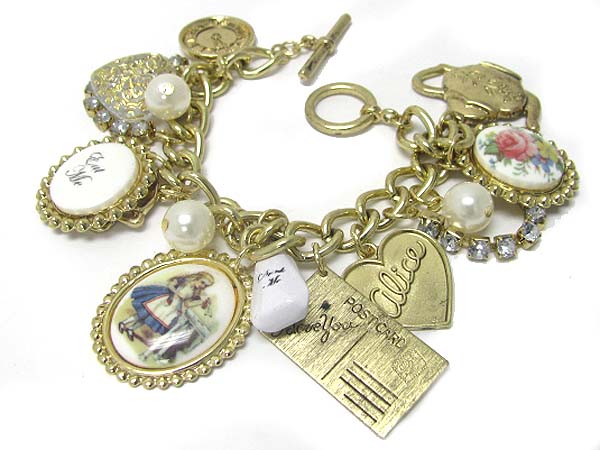 Alice in wonderland theme charm dangle toggle bracelet