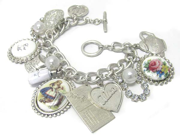 Alice in wonderland theme charm dangle toggle bracelet