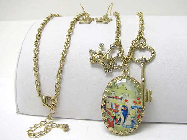 Alice in wonderland theme charm dangle long necklace earring set