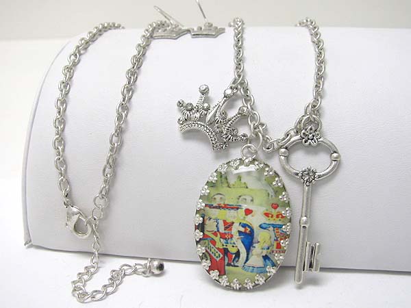 Alice in wonderland theme charm dangle long necklace earring set