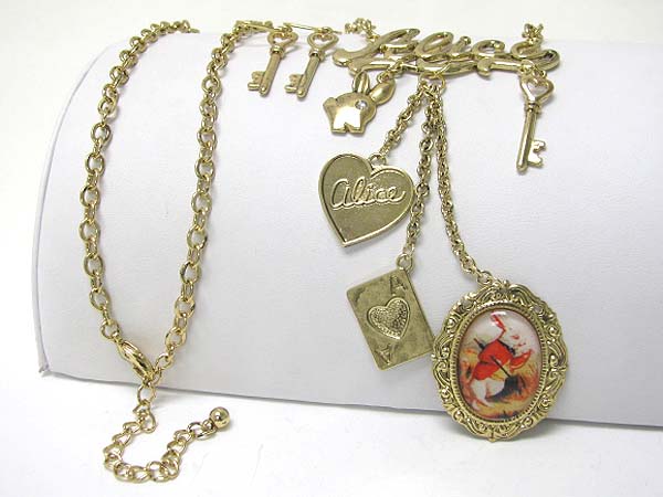 Alice in wonderland theme charm dangle long necklace earring set