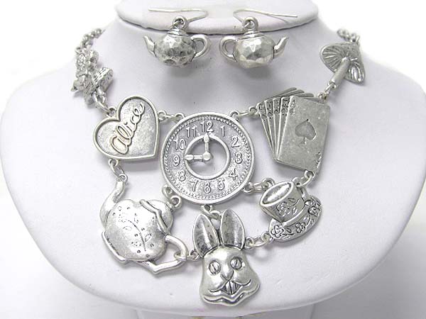 Alice in wonderland theme charm necklace earring set