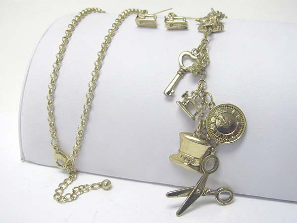 Alice in wonderland theme charm dangle long necklace earring set