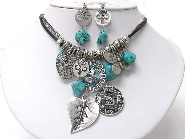 Turquoise and crystal deco mixed cahrm dangle cord necklace earring set