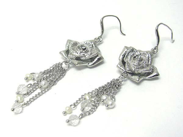 Burnish metal flower and beads drop earring