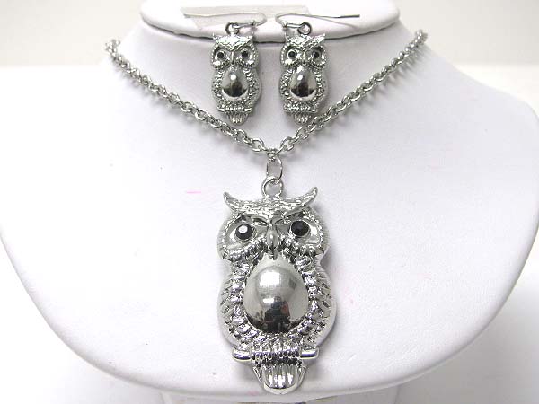 Crystal stud metal owl pendnt necklace earring set