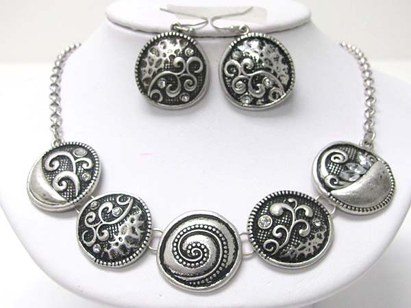 Antique metal textured disk link necklace earring set