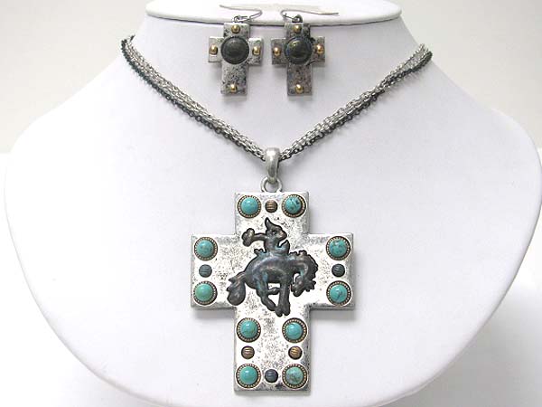 Turquoise stud rodeo theme cross pendant necklace earring set