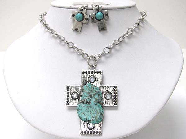 Turquoise stone cross pendant necklace earring set