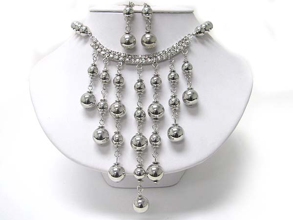 Rhinestone and metal ball drop necklace earring set