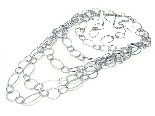 Multi strand metal hoop link long necklace earring set - hoops