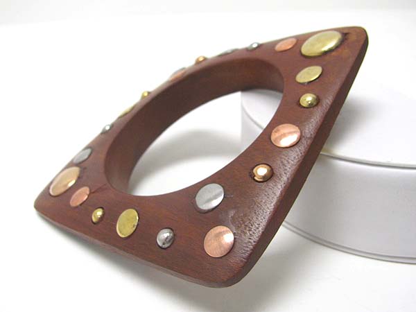 Metal stud carved square wood bangle