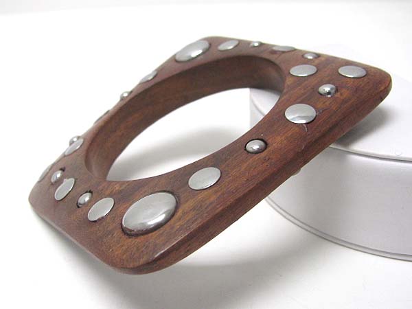 Metal stud carved square flat wood bangle