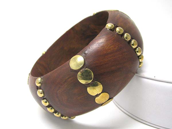 Metal stud carved round wood bangle