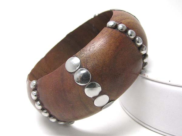 Metal stud carved round wood bangle