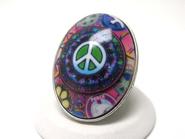 Peace theme puffy oval ceramic stone stretch ring