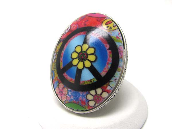 Peace theme puffy oval ceramic stone stretch ring