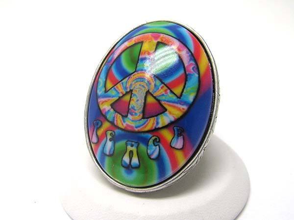 Peace theme puffy oval ceramic stone stretch ring