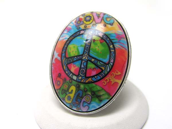 Peace theme puffy oval ceramic stone stretch ring