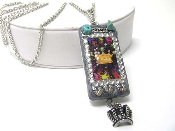 Crown theme domino printed s hook hot fix charm necklace