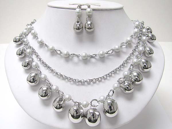 Metal ball drop multi strand beads necklace earring set