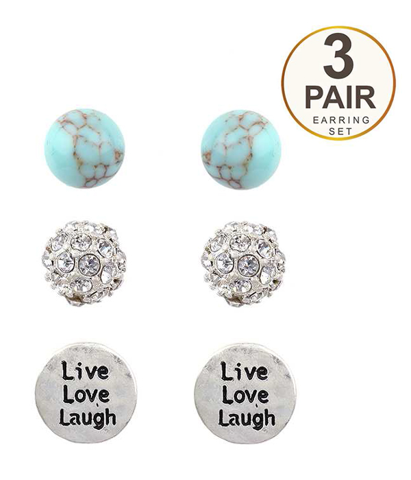 Handmade crystal ball and turquoise 3 pair earring set - live love laugh