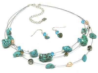 Multi strands turquoise stone necklace and earring set