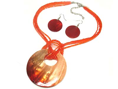 Large round shell pendant multi strands necklace and earring set