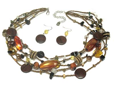 Multi strand and material harmony deco seed bead necklace and earring set 