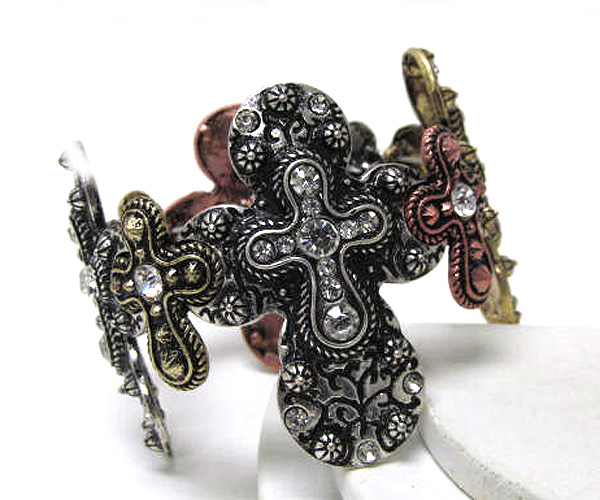 Multi crystal designer style multi cross metal filigree patern stretch bracelet 