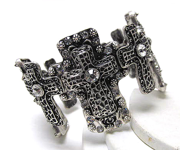 Multi crystal cross patern textured metal stretch bracelet