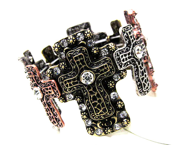 Multi crystal cross patern textured metal stretch bracelet