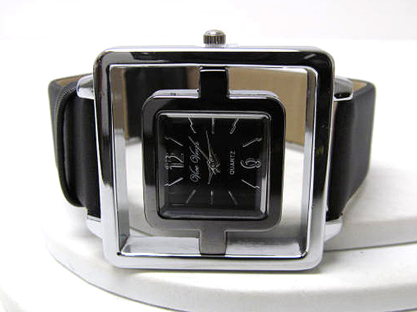 Designer style double face square leather watch