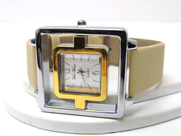 Designer style double face square leather watch